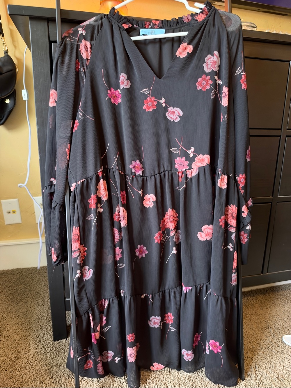 CeCe Black Mini Dress with Pink Floral Print
